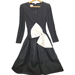 Vtg 1980s Morton Myles Mullet‎ Hem Black Knee Length Sleeved Evening Bow Dress 6